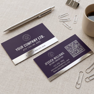Custom Logo Elegant Purple Silver QR Code Foil Business Cards