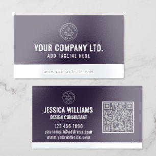 Custom Logo Elegant Purple Silver QR Code Foil Business Cards