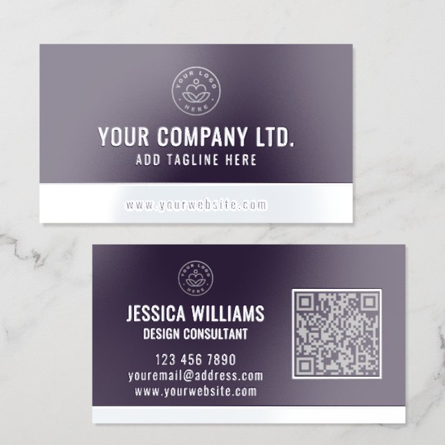 Custom Logo Elegant Purple Silver QR Code Foil Business Cards (Front & Back)
