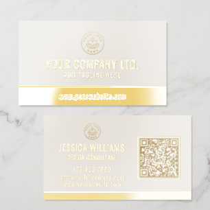 Custom Logo Elegant QR Code Beige Gold Foil Business Cards