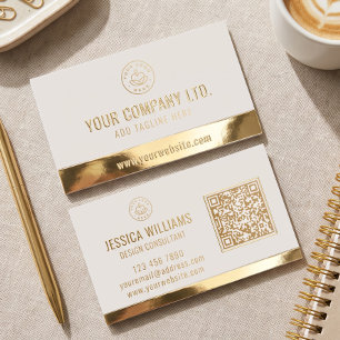 Custom Logo Elegant QR Code Beige Gold Foil Business Cards