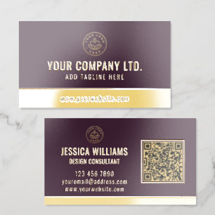 Custom Logo Elegant QR Code Burgundy Gold Foil Business Cards