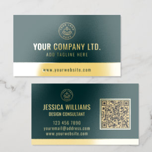 Custom Logo Elegant QR Code Emerald Gold Foil Business Cards