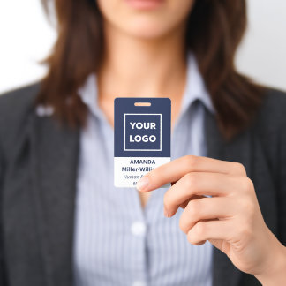 Custom Logo Employee Bold Navy Blue White Name Badge