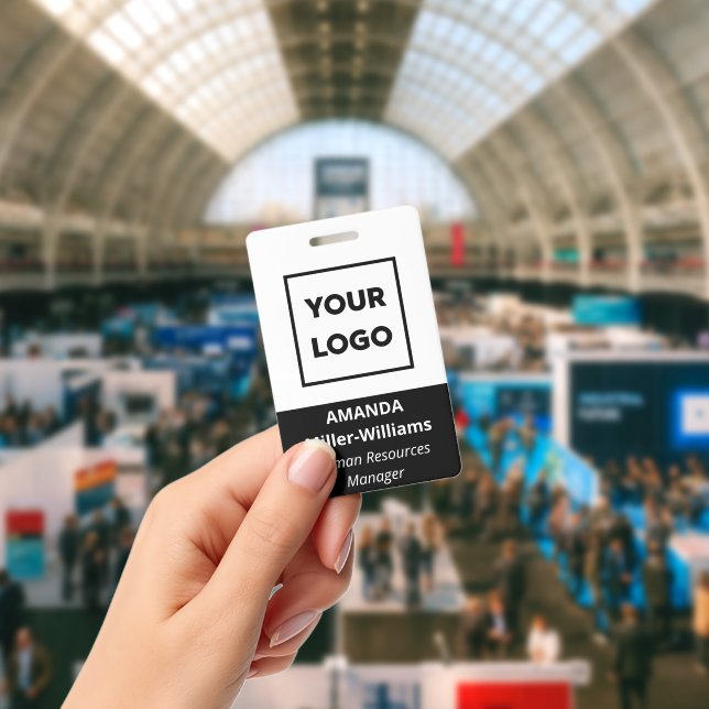 Custom Logo Employee Bold White Black Name Badge (Conference)
