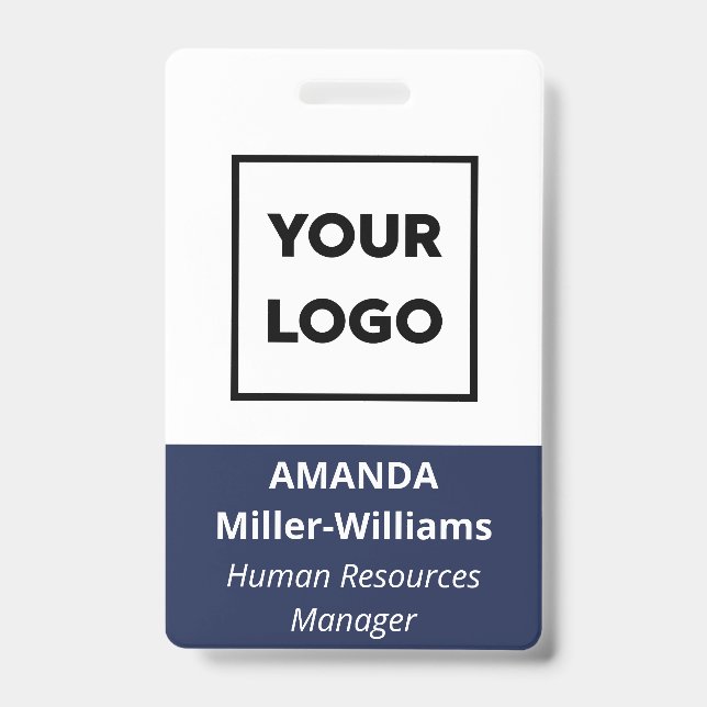 Custom Logo Employee Bold White Navy Blue Name Badge (Front)