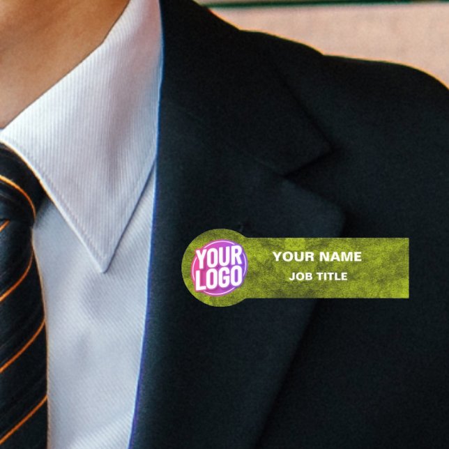 Custom Logo Employee ID Faux Metallic Grass Green Name Tag (Creator Uploaded)