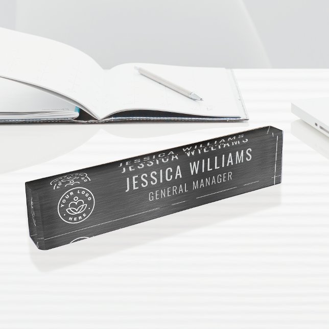 Custom Logo Employee Luxury Faux Brushed Black Desk Name Plate (Creator Uploaded)