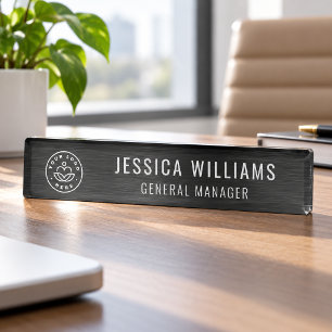 Custom Logo Employee Luxury Faux Brushed Black Desk Name Plate