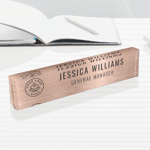 Custom Logo Employee Luxury Faux Brushed Rose Gold Desk Name Plate