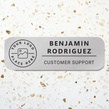 Custom Logo Employee Magnetic Faux Silver Name Tag by clubmagique at Zazzle