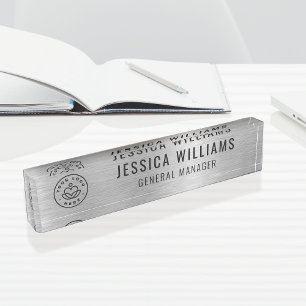Custom Logo Employee Name Luxe Faux Brushed Silver Desk Name Plate