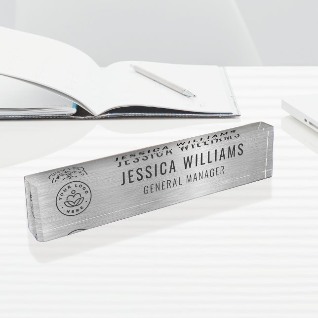 Custom Logo Employee Name Luxe Faux Brushed Silver Desk Name Plate (Creator Uploaded)