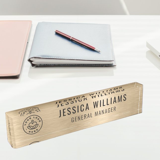 Custom Logo Employee Name Luxury Faux Brushed Gold Desk Name Plate (Creator Uploaded)