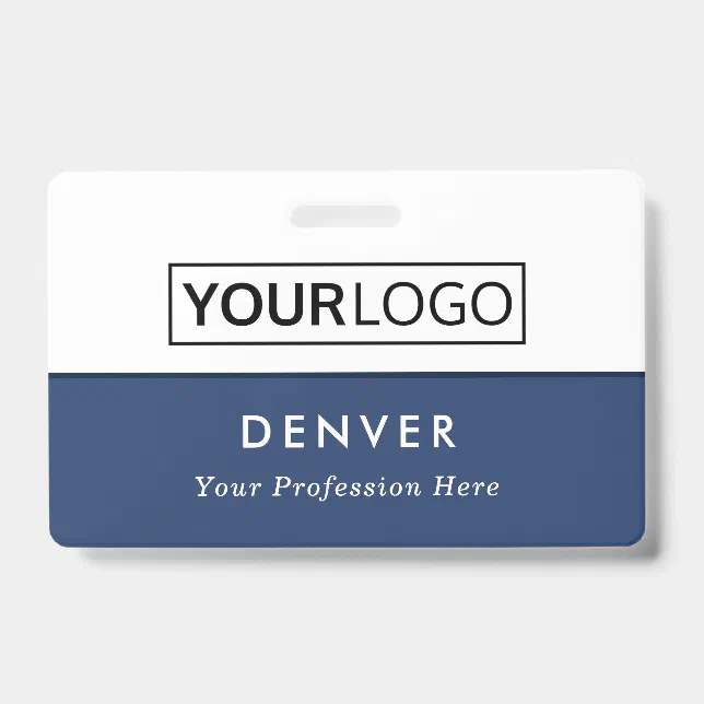 Custom logo employee name title blue white id badge | Zazzle