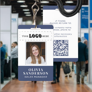 Custom logo employee name title photo QR blue ID Badge