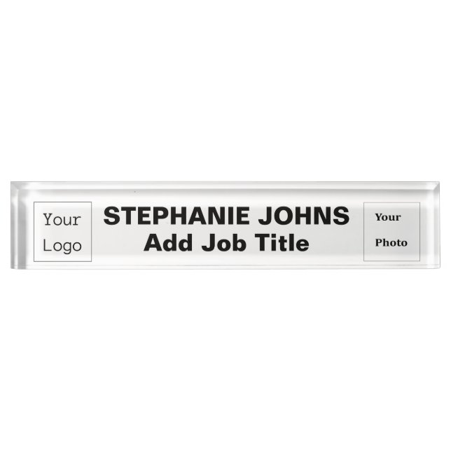 Custom Logo Employee Photo Black White Simple Desk Name Plate (Front)
