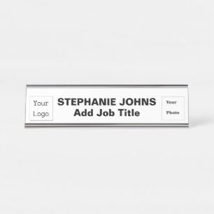 Custom Logo Employee Photo Simple Black White Desk Name Plate