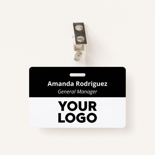 Custom Logo Employee Simple Black White Name Badge (Front with Clip)