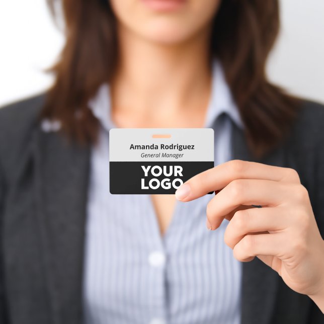 Custom Logo Employee Simple Grey Black Name Badge (Presented)