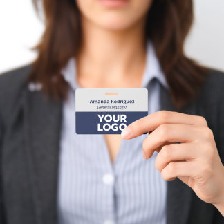 Custom Logo Employee Simple Grey Navy Blue Name Badge
