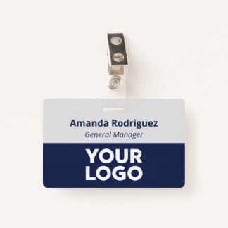 Custom Logo Employee Simple Grey Navy Blue Name Badge