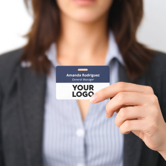 Custom Logo Employee Simple Navy Blue White Name Badge