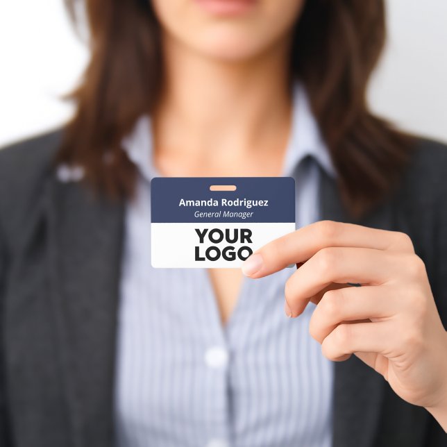 Custom Logo Employee Simple Navy Blue White Name Badge (Presented)