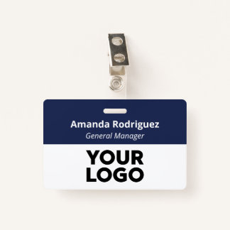 Custom Logo Employee Simple Navy Blue White Name Badge