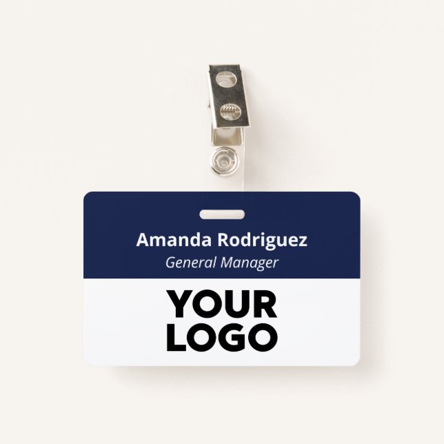 Custom Logo Employee Simple Navy Blue White Name Badge (Front with Clip)
