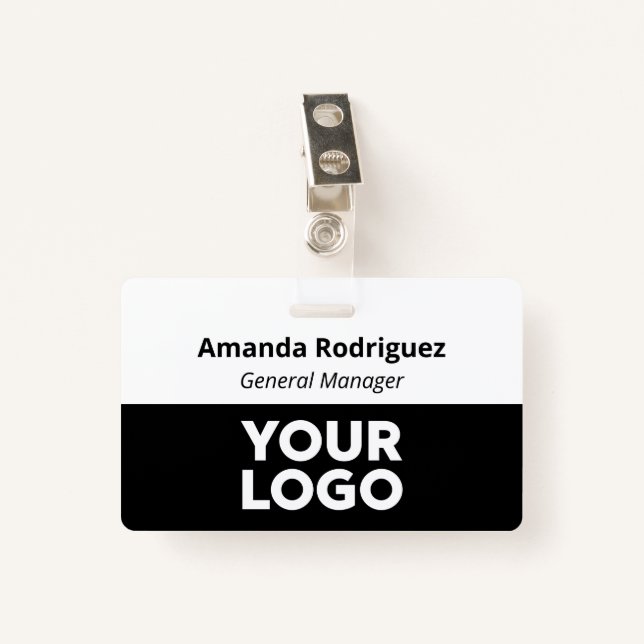 Custom Logo Employee Simple White Black Name Badge (Front with Clip)