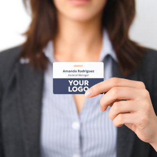 Custom Logo Employee Simple White Navy Blue Name Badge