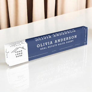 Custom Logo Executive Navy Blue Professional Desk Name Plate