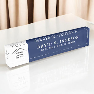 Custom Logo Executive Navy Blue Professional Desk Name Plate