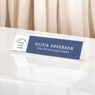 Custom Logo Executive Navy Blue Professional Desk Name Plate