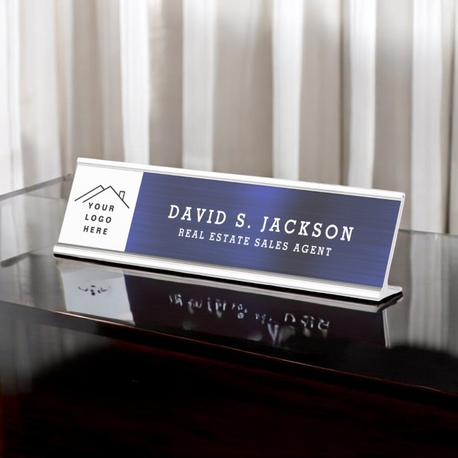 Custom Logo Executive Navy Blue Professional Desk Name Plate (Creator Uploaded)