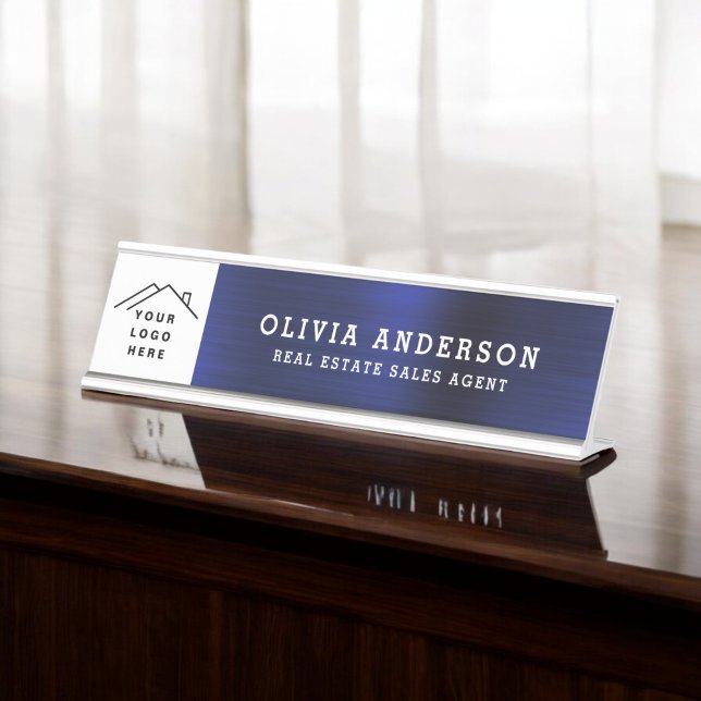 Custom Logo Executive Navy Blue Professional Desk Name Plate (Creator Uploaded)
