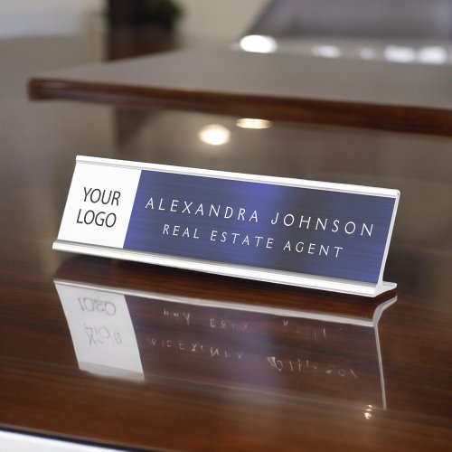 Custom Logo Executive Navy Blue Professional Desk Name Plate