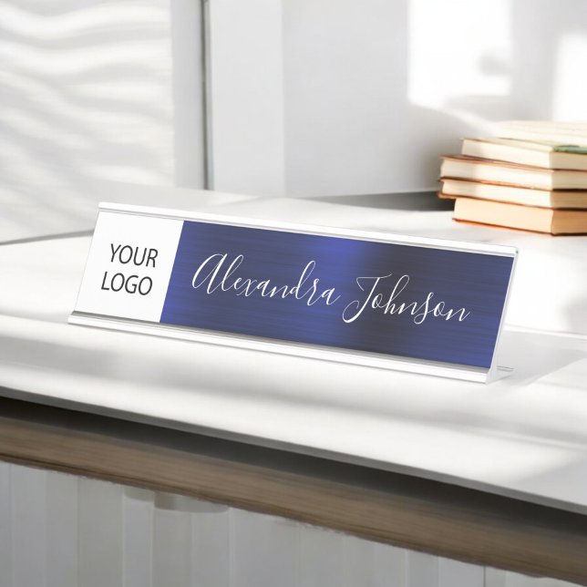 Custom Logo Executive Navy Blue Professional Desk Name Plate (Creator Uploaded)