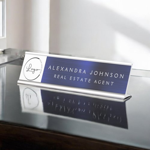 Custom Logo Executive Navy Blue Professional Desk Name Plate