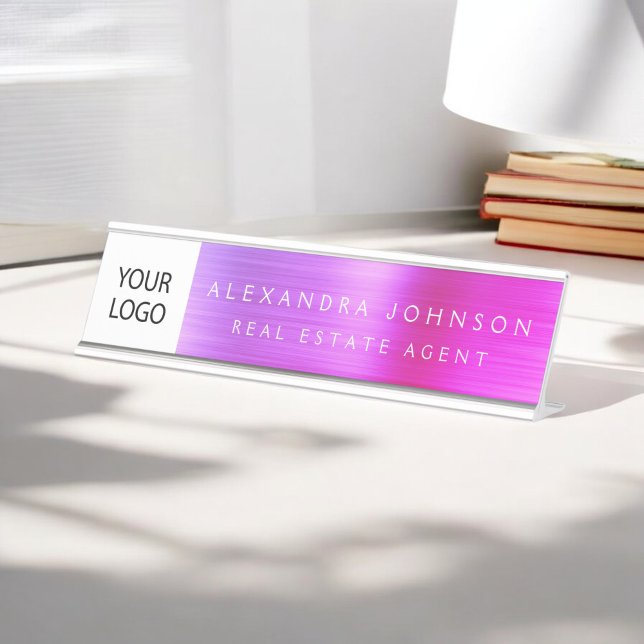 Custom Logo Executive Purple Pink Professional Desk Name Plate (Creator Uploaded)