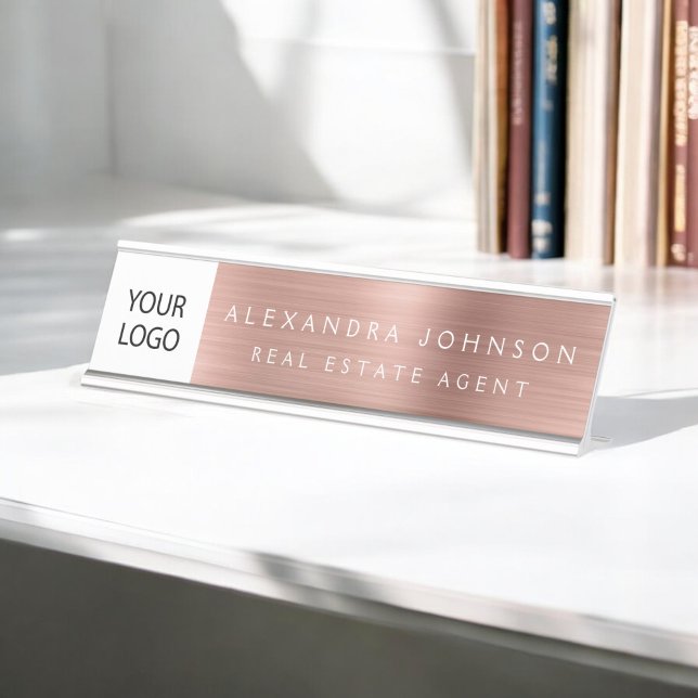 Custom Logo Executive Rose Gold Pink Professional Desk Name Plate (Creator Uploaded)