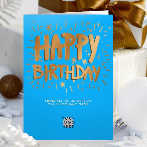 Custom Logo Faux Gold 3d Happy Birthday Sky Blue Card