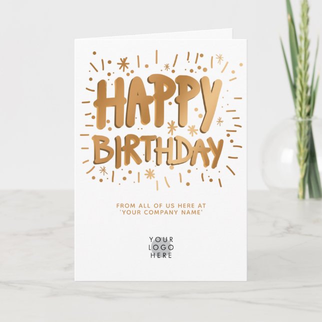 Custom Logo Faux Gold Fun Happy Birthday White Card (Front)