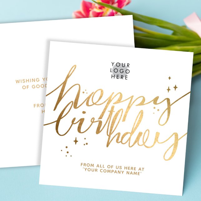 Custom Logo Faux Gold Hand Script White Birthday Card (Creator Uploaded)