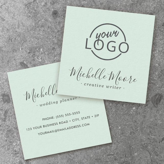 Custom logo feminine minimalist light mint green square business card (Creator Uploaded)
