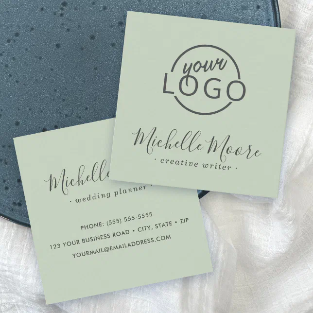 Custom Logo Feminine Minimalist Light Sage Green Square Business Card 