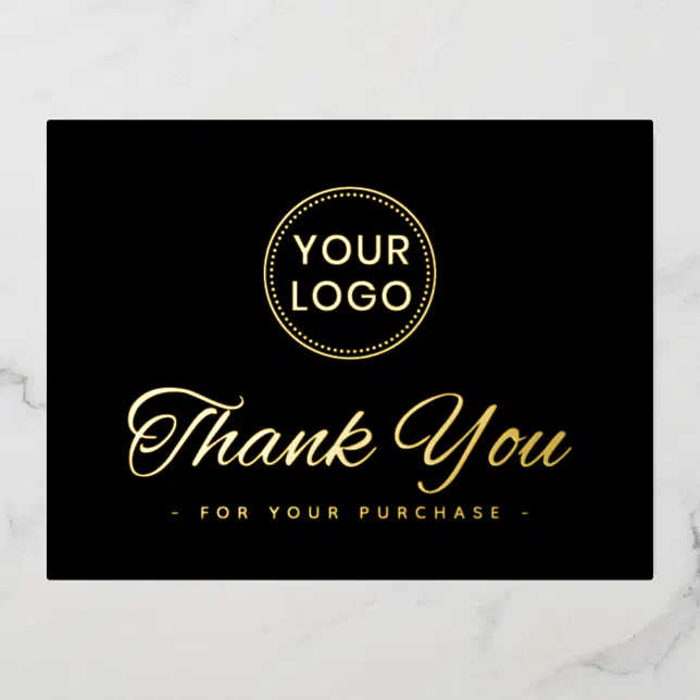 Custom logo foil elegant black thank you postcard | Zazzle