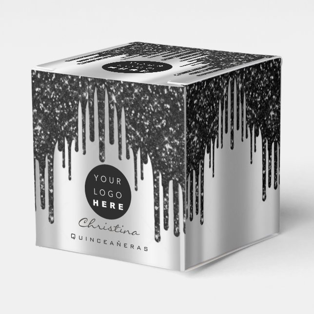 Custom Logo Glitter Black Drips Boutique Silver  Favor Boxes (Front Side)