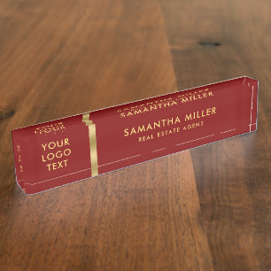 Custom Logo Gold and Dark Red Background Desk Name Plate